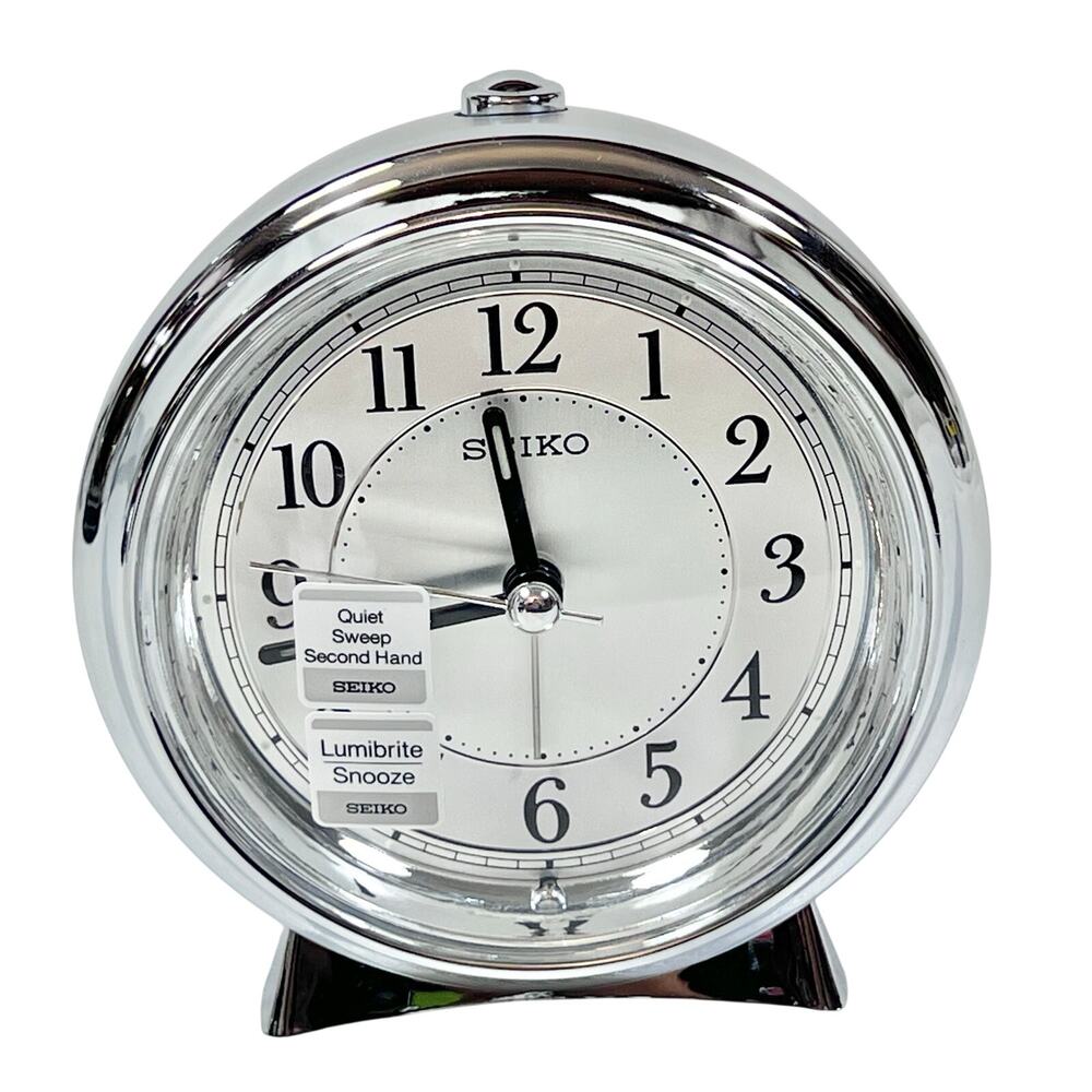 Seiko Bedside Alarm Clock Silver-Tone Case Quiet Sweep Second Hand QHE132SLH New